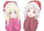  2girls :d blonde_hair blue_eyes blue_hair blush bob_cut brown_sweater closed_mouth colored_inner_hair eighth_note embarrassed gradient_hair grey_hair hair_down hat highres inverted_bob light_blue_hair link!_like!_love_live! long_hair long_sleeves looking_at_viewer love_live! multicolored_hair multiple_girls musical_note nervous_smile open_mouth osawa_rurino pink_eyes pink_sweater red_hair red_hat santa_hat short_hair simple_background sleeves_past_fingers sleeves_past_wrists smile streaked_hair sweatdrop sweater virtual_youtuber wavy_mouth white_background yugiri_tsuzuri yutuki_ame 
