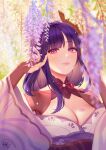  1girl artist_logo blurry blurry_foreground blush breasts bridal_gauntlets center_opening cherry_blossoms cleavage closed_mouth commentary day eyebrows_visible_through_hair flower genshin_impact hair_ornament highres hyeyoon_0205 japanese_clothes kimono large_breasts lips long_hair looking_at_viewer mitsudomoe_(shape) off-shoulder_kimono outdoors petals purple_eyes purple_hair purple_kimono raiden_shogun sidelocks smile solo tomoe_(symbol) upper_body wide_sleeves wisteria 