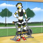  accessory anthro armband avian bird black_briefs briefs clothed clothing crop_top exercise_bike footwear fuze gull headband hi_res lari larid legband male midriff navel shirt shoes socks solo tank_top topwear underwear 