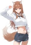  1girl ai-assisted aiart_fring alternate_breast_size animal_ear_fluff animal_ears breasts choker contemporary crop_top hand_in_pocket highres holo hood hoodie large_breasts long_hair long_sleeves midriff red_eyes shorts smile solo spice_and_wolf tail v wolf_ears wolf_tail 
