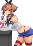  1girl black_panties blue_neckerchief blue_sailor_collar blue_shirt breasts brown_hair cosplay cowboy_shot crop_top drink drinking_straw elbow_gloves gloves green_eyes grey_background hair_between_eyes highleg highleg_panties highres kantai_collection kasumi_(skchkko) large_breasts miniskirt mutsu_(kancolle) navel neckerchief panties sailor_collar school_uniform serafuku shimakaze_(kancolle) shimakaze_(kancolle)_(cosplay) shirt short_hair simple_background skirt sleeveless smile solo striped_clothes striped_thighhighs thighhighs underwear white_gloves 