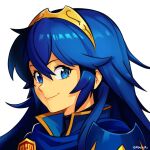  1girl artist_name blue_eyes blue_hair brand_of_the_exalt closed_mouth english_commentary fire_emblem fire_emblem_awakening hair_between_eyes highres long_hair looking_at_viewer lucina_(fire_emblem) smgold smile solo symbol_in_eye tiara upper_body white_background 