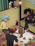  3boys bedroom brown_hair can chips_(food) dorm duel_academy_uniform_(yu-gi-oh!_gx) duel_monster flying_sweatdrops food hair_between_eyes long_sleeves male_focus manjoume_jun marufuji_sho multicolored_hair multiple_boys ojama_yellow p5naq_pv pharaoh_(cat) playing_games potato_chips short_hair shorts sitting two-tone_hair winged_kuriboh yu-gi-oh! yu-gi-oh!_gx yuki_judai 