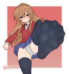  1girl aisaka_taiga artist_name black_thighhighs blue_skirt blush border brown_eyes brown_hair closed_mouth collared_shirt feet foot_focus foot_out_of_frame foot_up hair_between_eyes jacket long_hair long_sleeves looking_at_viewer miniskirt neck_ribbon no_shoes panties red_background red_jacket ribbon school_uniform shirt sidelocks skindentation skirt soles solo spread_toes standing standing_on_one_leg thighhighs toes toradora! tsukimaru_(ls_99ml) twitter_username underwear white_border white_panties white_shirt 