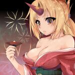  1girl alternate_color black_sash blonde_hair breasts cleavage closed_mouth collarbone colorized commentary_request cup face holding horns hoshiguma_yuugi hoshiguma_yuugi_(promo) japanese_clothes kimono large_breasts long_sleeves looking_at_viewer mattari_yufi obi oni_horns ponytail red_eyes red_horns red_kimono rito-kitayama sakazuki sash single_horn touhou upper_body wide_sleeves 