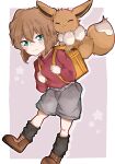  1girl backpack bag black_leg_warmers blush border brown_footwear brown_fur brown_hair closed_eyes closed_mouth eevee green_eyes grey_shorts haibara_ai hair_between_eyes highres leaning_forward long_sleeves looking_at_viewer meitantei_conan outline outside_border pink_background pokemon red_shirt shirt short_hair shorts solo star_(symbol) utrs2348 white_border white_outline yellow_bag 