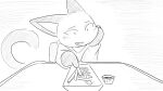 16:9 animal_crossing anthro biped blush clothed clothing domestic_cat dragonweirdo felid feline felis female food fries front_view fur hi_res mammal monochrome nintendo olivia_(animal_crossing) open_mouth open_smile sitting smile solo tail widescreen