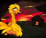 anthro beak big_bird_(sesame_street) building feathers female fence hi_res house looking_at_viewer looking_back plant roksim sesame_street sky skyscape solo sun sunset tree wide_hips
