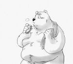  2022 anthro belly big_belly blush humanoid_hands kemono male mammal moobs overweight overweight_male pommn_mn simple_background solo towel towel_on_shoulder ursid 