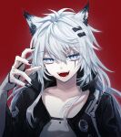  1girl animal_ear_fluff animal_ears arknights black_nails claw_pose collarbone elbow_gloves fingerless_gloves gloves grey_eyes hair_ornament hairclip hand_up highres jacket lappland_(arknights) long_hair messy_hair nail_polish open_clothes open_jacket open_mouth red_background scar scar_across_eye seki_mitsu sharp_teeth solo teeth upper_body white_hair wolf_ears wolf_girl 