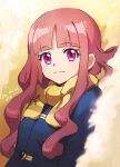 1girl blue_coat blunt_bangs brown_background brown_hair closed_mouth coat dated digimon digimon_ghost_game eyelashes fon-due_(fonfon) long_hair long_sleeves looking_at_viewer pink_eyes scarf signature solo tsukiyono_ruli upper_body yellow_scarf 