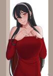  1girl absurdres bangs bare_shoulders black_hair blush breasts cleavage collarbone commentary dress earrings eyebrows_visible_through_hair grey_hairband hair_between_eyes hairband hands_on_own_chest head_tilt highres jewelry large_breasts long_hair long_sleeves looking_at_viewer off-shoulder_dress off-shoulder_sweater off_shoulder red_dress red_eyes red_sweater smile solo spy_x_family sweater sweater_dress upper_body very_long_hair white_background yor_briar yuki_(sakamoto_yuki12) 