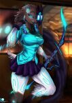  2021 absurd_res anthro blue_clothing blue_eyes blue_topwear bluewolfartista blurred_background bottomwear bovid breasts caprine clothing digital_media_(artwork) female fur fur_markings glowing glowing_eyes hi_res inside kindred_(lol) league_of_legends mammal markings mask open_mouth patreon patreon_logo purple_bottomwear purple_clothing purple_skirt riot_games shadow sheep signature skirt solo topwear video_games weapon 