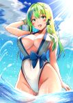  1girl adapted_costume blue_sky blush breasts cloud cloudy_sky day frog_hair_ornament green_eyes green_hair hair_ornament hair_tubes kochiya_sanae large_breasts leon_no_neko long_hair looking_at_viewer ocean one-piece_swimsuit open_mouth outdoors sky smile snake_hair_ornament solo sunlight swimsuit touhou water white_one-piece_swimsuit 