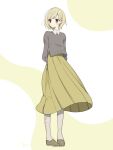  1girl arms_behind_back blonde_hair blush_stickers collared_shirt full_body green_eyes long_skirt looking_to_the_side maco22 original pantyhose pleated_skirt shirt short_hair skirt solo sweater 
