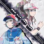  1boy 1girl baseball_cap black_jacket blue_jacket brown_hair character_name hat hilbert_(pokemon) hilda_(pokemon) holding holding_poke_ball jacket long_hair memi_(gamemix) poke_ball poke_ball_(basic) pokemon pokemon_bw ponytail railroad_tracks red_hat shirt short_hair smile train twitter_username white_hat white_shirt wristband 