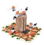  bird drain_(object) drinking drinking_fountain faucet fletchling flock flying highres landing looking_down looking_to_the_side looking_up no_humans opipi_omame pavement pokemon pokemon_(creature) simple_background standing white_background 