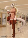  big_breasts boots breasts clothing collar draako dragon dress feretta footwear hair hi_res legwear mall mis&#039;alia purse silver_dragon silver_skin thigh_boots thigh_highs white_hair yellow_eyes 