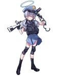  1girl absurdres blue_archive blue_hair boots crossed_bangs gun hair_between_eyes hair_over_eyes halo highres knee_pads low_twintails police police_uniform policewoman shotgun simple_background skirt twintails uniform valkyrie_police_academy_student_(blue_archive) vest waa153 weapon white_background 