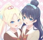  2girls :d absurdres alternate_hairstyle blonde_hair blue_eyes blue_hair blue_ribbon brown_cardigan brown_dress cardigan chestnut_mouth dark_blue_hair dress fang flower gradient_hair hair_bun hair_flower hair_ornament hair_ribbon hairstyle_switch half_updo hasu_no_sora_school_uniform high_ponytail highres light_blue_hair link!_like!_love_live! long_hair long_sleeves looking_at_viewer love_live! multicolored_hair multiple_girls murano_sayaka neckerchief open_cardigan open_clothes open_mouth osawa_rurino outline parted_bangs pink_background pink_flower red_neckerchief ribbon sailor_collar sailor_dress school_uniform sidelocks single_hair_bun skin_fang smile starry_background striped_background upper_body v-shaped_eyebrows virtual_youtuber white_flower white_outline white_sailor_collar winter_uniform yutuki_ame 