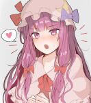  1girl blush bow bowtie hat heart highres mob_cap one-hour_drawing_challenge open_mouth patchouli_knowledge purple_eyes purple_hair solo speech_bubble sssoomm112 sweat sweatdrop touhou v-shaped_eyebrows 