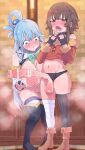  2girls aqua_(konosuba) bandaged_leg bandages bar_censor black_footwear black_gloves black_panties black_thighhighs blue_eyes blue_hair blush boots breasts brown_footwear brown_hair censored detached_sleeves emanonta erection fingerless_gloves futa_with_female futanari gloves hair_rings highres huge_breasts huge_penis kono_subarashii_sekai_ni_shukufuku_wo! long_hair long_sleeves megumin multiple_girls navel nipples open_mouth panties penis penis_awe red_eyes short_hair_with_long_locks single_thighhigh standing testicles thigh_boots thighhighs underwear veins veiny_penis wide-eyed 