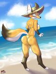 ankle_tuft anthro arm_tuft beach big_ears bikini blue_sky blush blush_lines bottomwear canid canine clothing cloud digitigrade draw_this_in_your_style drow462 elbow_tuft embarrassed eyewear female fluffy fluffy_tail fox gold_bikini hat headgear headwear hi_res inner_ear_fluff leg_tuft looking_back looking_down mammal rey_(animatedmau) sea shoulder_tuft sky solo sun_hat sunglasses swimwear tail tight_bikini tight_bottomwear tight_bra tight_clothing tuft water wave wide_eyed