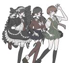  3girls arm_up black_hair black_jacket black_nails black_skirt black_thighhighs blush celestia_ludenberg center_frills danganronpa:_trigger_happy_havoc danganronpa_(series) danganronpa_2:_goodbye_despair danganronpa_v3:_killing_harmony drill_hair freckles frills from_side grey_shirt hair_ornament hairclip harukawa_maki headdress highres jacket kneehighs koizumi_mahiru layered_skirt long_hair low_twintails miniskirt multiple_girls nail_polish necktie nun_(xh1uk) plaid plaid_necktie plaid_skirt red_footwear red_hair red_thighhighs shirt shoes short_hair short_sleeves skirt socks thighhighs twin_drills twintails zettai_ryouiki 