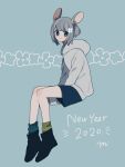  1girl 2020 animal_ears asymmetrical_legwear blue_background blush_stickers boots full_body grey_hair highres hood hood_down hoodie invisible_chair long_sleeves looking_at_viewer maco22 mismatched_legwear mouse_ears mouse_girl new_year original short_hair shorts sitting smile socks solo 