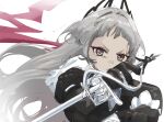  1girl arknights black_gloves black_jacket closed_mouth commentary forehead gloves grey_eyes grey_hair highres holding holding_sword holding_weapon irene_(arknights) jacket long_hair long_sleeves looking_at_viewer puffy_long_sleeves puffy_sleeves radioneet simple_background sketch solo sword upper_body v-shaped_eyebrows weapon white_background 