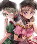  2girls absurdres back-to-back back_bow backlighting black_bow black_headwear blush bow breasts brown_hair closed_mouth commentary_request dress eyebrows_visible_through_hair frilled_shirt_collar frills green_dress green_eyes green_hair green_nails hat highres long_hair looking_at_viewer maboroshi_mochi multiple_girls nail_polish nishida_satono pink_dress pink_nails puffy_short_sleeves puffy_sleeves purple_eyes red_ribbon ribbon short_sleeves simple_background small_breasts smile tate_eboshi teireida_mai touhou white_background 