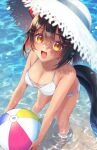  1girl :d absurdres animal_ears ball bare_arms bare_legs bare_shoulders barefoot beachball bikini black_hair blush breasts brown_eyes cat_ears cat_girl cat_tail cleavage collarbone commentary_request day hair_between_eyes hair_ornament hairclip hat highres holding holding_ball indie_virtual_youtuber looking_at_viewer medium_breasts multicolored_hair outdoors red_hair sakura_chiyo_(konachi000) sakuraba_chiyo smile solo standing straw_hat swimsuit tail two-tone_hair virtual_youtuber wading water white_bikini white_hat 