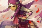  1girl braid breasts closed_mouth dagger dual_wielding fingerless_gloves fire_emblem fire_emblem:_three_houses fon-due_(fonfon) glint gloves holding holding_dagger holding_knife holding_weapon jewelry knife lips long_hair looking_at_viewer multiple_braids navel petra_macneary purple_hair red_eyes red_petals side_slit sideboob solo weapon 