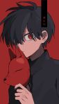  1boy black_hair expressionless fox_mask hair_over_one_eye holding holding_mask looking_at_viewer maco22 male_focus mask original red_background ringed_eyes short_hair solo unworn_mask upper_body 