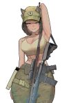  1girl abs absurdres animal_ears arm_at_side arm_behind_head arm_up assault_rifle azz0422 bare_shoulders belt blue_eyes breasts brown_hair camouflage camouflage_pants cleavage crop_top dog_ears dog_girl english_commentary gun hat highres large_breasts looking_at_viewer military_hat military_uniform muscular muscular_female original pants rifle simple_background stomach strap sweat tank_top thigh_belt thigh_strap thighs toned uniform weapon white_background wide_hips 