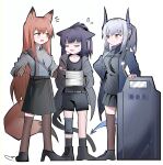  3girls :d absurdres animal_ear_fluff animal_ears arknights black_footwear black_hair black_shirt black_shorts black_skirt black_socks blue_jacket breasts brown_eyes brown_gloves brown_hair brown_pantyhose brown_thighhighs cat_ears cat_girl cat_tail closed_eyes collared_shirt ear_protection flying_sweatdrops franka_(arknights) gloves grey_hair grey_jacket grey_shirt half-closed_eye hand_on_another&#039;s_shoulder hand_on_own_hip high_heels highres horns jacket jessica_(arknights) knee_pads liskarm_(arknights) long_hair medium_breasts multicolored_hair multiple_girls notice_lines open_clothes open_jacket over-kneehighs pantyhose paper_stack pleated_skirt ponytail purple_hair riot_shield shield shirt shoes shorts simple_background single_knee_pad single_leg_pantyhose single_over-kneehigh single_thighhigh skirt smile socks spam_(spamham4506) standing streaked_hair sweat tail thighhighs uneven_eyes very_long_hair white_background 
