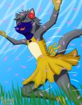 anthro blue_body blue_fur clothing domestic_cat dress eyes_closed felid feline felis flower_hair_accessory fur girly grass grey_body grey_fur hi_res male mammal pawpads petals plant running scout_the_cat_(character) scoutthecat02 sky smile solo yellow_body yellow_fur