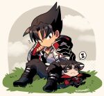 2boys black_footwear black_hair chibi chibi_only closed_mouth cloud collarbone commentary devil_jin dual_persona fingerless_gloves full_body gloves grey_shirt kazama_jin kotorai long_sleeves male_focus multiple_boys no_nose on_grass outdoors red_gloves shirt signature sitting size_difference sleeping spoken_zzz studded_gloves symbol-only_commentary tekken thick_eyebrows zzz 
