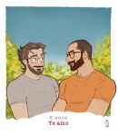  2boys beard blush brown_hair buzz_cut chest_hair_peek connected_beard couple cropped_torso facial_hair full_beard glasses highres male_focus mature_male multiple_boys original pectorals receding_hairline renan_ilustra shirt short_hair smile sparse_arm_hair t-shirt tareme thick_beard thick_eyebrows very_short_hair yaoi 