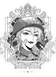  1boy bandaid bandaid_on_cheek bandaid_on_face blue_eyes bow character_name chuchumimipupu commentary_request diego_brando fangs greyscale hat hat_bow highres jojo_no_kimyou_na_bouken male_focus monochrome open_mouth portrait smile solo sparkling_aura spot_color steel_ball_run sweater turtleneck turtleneck_sweater 