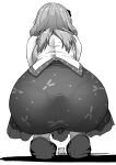  1girl akure_ekuto ass ass_focus bare_shoulders frills frog from_behind greyscale hair_ornament highres huge_ass kochiya_sanae long_hair looking_at_another monochrome panties_visible_through_clothes pantylines see-through see-through_skirt shadow shoes simple_background skirt socks touhou 
