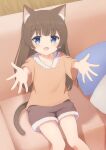  1girl absurdres animal_ears bad_id bad_pixiv_id blue_eyes blush brown_hair cat_ears cat_girl cat_tail couch fang highres indie_virtual_youtuber itigori_ena long_hair looking_at_viewer mole mole_under_eye on_couch open_mouth pillow reaching reaching_towards_viewer short_sleeves shorts sitting smile solo tail tyakomes virtual_youtuber 
