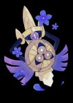  aegislash black_background bright_pupils commentary_request flower highres looking_at_viewer napopo3desu no_humans one-eyed pokemon pokemon_(creature) purple_eyes purple_flower shield simple_background sword weapon white_pupils 