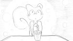16:9 animal_crossing anthro beverage biped blush clothed clothing dragonweirdo front_view fur hi_res male mammal marshal_(animal_crossing) monochrome nintendo rodent sciurid sitting solo tail tree_squirrel widescreen