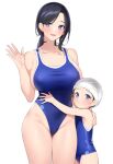  2girls bare_shoulders black_hair blue_eyes blue_one-piece_swimsuit blush breasts collarbone highleg highleg_swimsuit large_breasts long_hair looking_at_viewer multiple_girls one-piece_swimsuit open_mouth original popqn small_breasts smile swimsuit 
