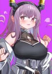 1girl arknights bare_shoulders black_hairband black_shirt blush breasts cleavage cleavage_cutout clothing_cutout fang grey_jacket hair_between_eyes hairband highres horns jacket large_breasts long_hair long_sleeves off_shoulder open_clothes open_jacket open_mouth puffy_long_sleeves puffy_sleeves purple_background purple_eyes purple_hair shirt simple_background sleeveless sleeveless_shirt solo spam_(spamham4506) sweat typhon_(arknights) upper_body very_long_hair 