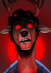 anthro antlers black_hair black_nose blood blood_on_face blue_clothing blue_topwear bodily_fluids brown_body brown_fur clothing deer front_view fur hair hi_res horn imperatorcaesar inner_ear_fluff looking_at_viewer male mammal open_mouth pupils red_eyes restricted_palette simple_background small_pupils solo teeth topwear tuft white_inner_ear_fluff