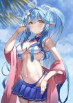  1girl ahoge bikini bikini_skirt blue_bikini blue_hair blue_nails blue_skirt blurry blurry_background blush breasts cleavage clothes_pull colored_tips day detached_collar double-parted_bangs elf flower hair_between_eyes hair_flower hair_ornament hair_over_shoulder hand_up hashtag-only_commentary heart heart_ahoge high_ponytail highleg highleg_bikini highres hololive knees_out_of_frame large_breasts long_hair looking_at_viewer multicolored_hair navel outdoors palm_tree parted_lips pink_shawl pleated_skirt pointy_ears rykysd shawl sidelocks skirt skirt_pull solo standing streaked_hair swimsuit tree very_long_hair virtual_youtuber water_drop white_bikini white_flower yellow_eyes yukihana_lamy 