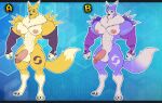  abs anthro balls bandai_namco biceps big_arms big_breasts big_muscles big_pecs big_penis blue_body blue_fur breasts canid canine clothed clothing digimon digimon_(species) duo fluffy fluffy_tail fox fur genitals gloves handwear hi_res himbo humanoid lips long_tail male mammal markings muscular muscular_male nipples pecs penis puffy_nipples ratchetjak renamon thick_bottom_lip thick_thighs thighs white_body white_fur yellow_body yellow_fur 