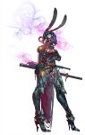  1girl animal_ears armor artist_request aura belt between_breasts breasts brown_legwear cape covered_navel crossed_arms fake_animal_ears glowing greaves grey_background high_heels katana machinery mask mechanical_ears necktie official_art pauldrons rabbit_ears red_cape red_necktie sheath sheathed shoulder_armor simple_background solo standing sword taimanin_(series) taimanin_rpgx thighhighs torn torn_cape torn_clothes tube vambraces wakizashi weapon 